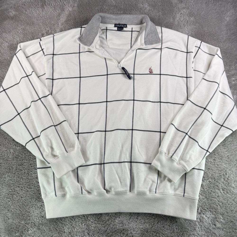 Nautica 1/4 Zip Pullover Mens XL White Navy Windowpane Plaid Fleece Sweatshirt